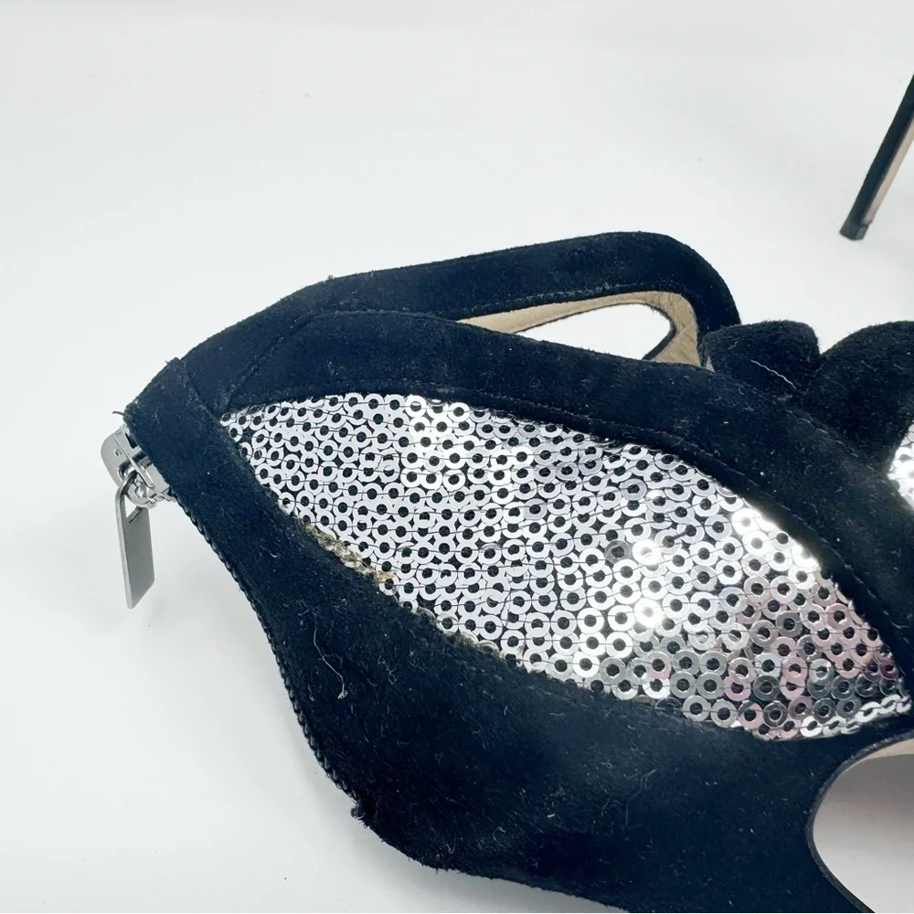 JIMMY CHOO Silver Sequin Black Suede Cut Out Temptress Stiletto Heels 37.5 - Picture 5 of 11